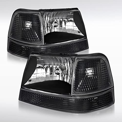 AUTOZENSATION Compatible with 1998-2000 Ford Ranger Black Headlights Headlamps + Corner Turn Signal Bumper Lamps L + R Pair
