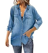 Sidefeel Women's Button Down Rolled Up Denim Shirts Collared Relaxed Fit Blouses Tops