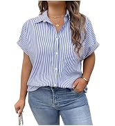 Verdusa Women's Plus Size Striped Blouse Button Down Shirts Collared Tunic Tops with Pocket