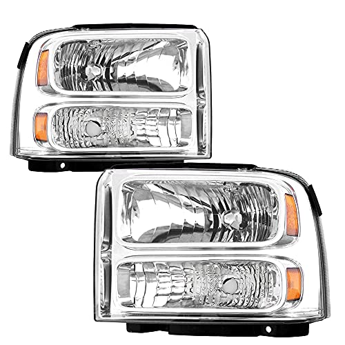SOCKIR Headlight Assembly Compatible with 05 06 07 Ford F250 F350 F450 F550 Super Duty / 2005 Ford Excursion Driver and Passenger Side (Chrome Housing & Amber Reflector)