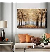 Large Tree Wall Art for Living Room Hand-Painted Forest Oil Painting Framed Yellow Grove Artwork ...