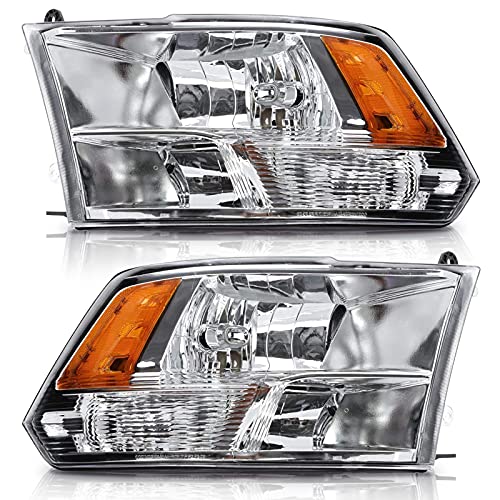 ADCARLIGHTS for 2009-2018 Dodge Ram Headlight Assembly competible with 2009-2018 Dodge Ram 1500,2010-2018 Dodge Ram 2500/3500 Chrome Housing with Amber Reflector Headlamp Replacement Left and Right