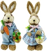 DearSun Set of 2pcs, 14'' H Easter Straw Bunny Figurines Tabletop Ornament Animal Art Crafts Stra...