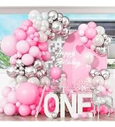 Froova Pink and Silver Balloon Arch Kit, Pastel Pink and White Metallic Silver Different Size Lat...
