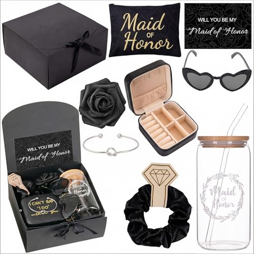 9 Pcs Maid of Honor Gifts - Will You Be My Maid of Honor Kit with Elegant Box Jewelry Box Glass Cup Invited Cards Knotted Bracelets Sunglasses Scrunchies Raffia Grass