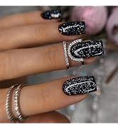 Black Press on Nails Medium Square Fake Nails with Glitter Designs False Nails for Women 24 Pcs