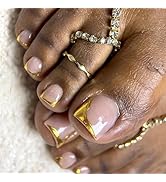 Gold French Tip Press on Toenails Short Square Fake Toe Nails 3D Gold Toe Press on Nails Glossy N...
