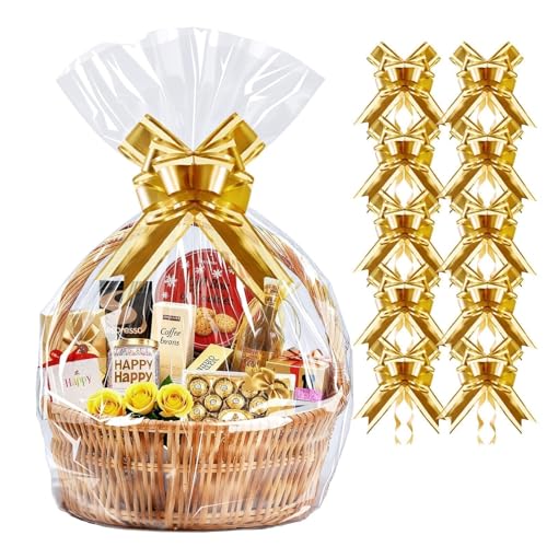 PigPotParty 10 Pack 24x30 Inch Large Cellophane Bags for Gift Baskets, Thick Clear Plastic Basket Wrap, Includes 10 Large Gold Pull Bows