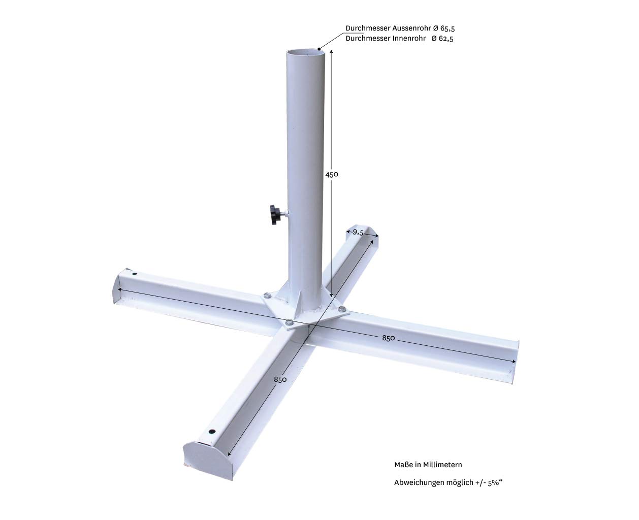 VIS Metallkreuz - Schirmständer sehr platzsparend, äußerst stabil - mit Rohr Ø65,5 mm, für Schirme mit Schirmast 60,00 mm - Verwendung mit 4xBetonplatten 400x400x50 mm, min. je 18 kg (nicht enthalten)