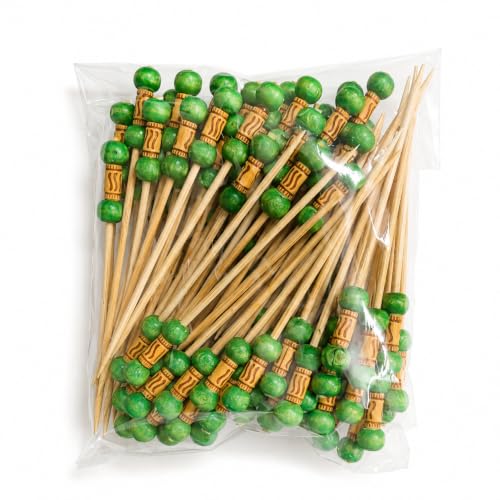 Image of Somani Decorative Bamboo Cocktail Picks Green Bead | Double Ball Topper Fancy Food Picks for Appetizers, Drinks & Garnish | Cafe, Lounge, Bakery, Catering & Home Entertaining | Pack of 100