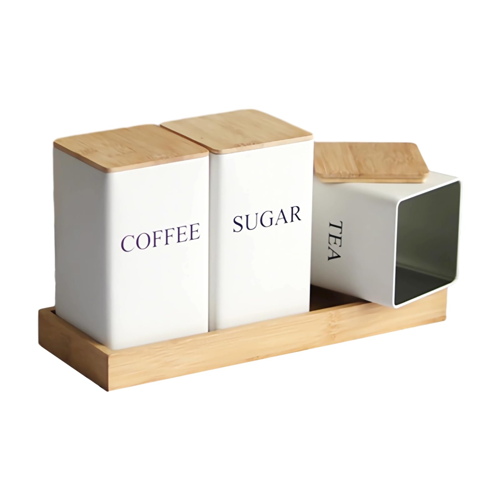 Juego de 3 recipientes herméticos para té, azúcar y café con tapas de bambú, recipientes herméticos para almacenamiento de alimentos, tarros de hierro con recubrimiento en polvo resistentes a