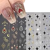 Diduikalor 6 Sheets 3D Sun Moon Star Nail Stickers Gold Bronzing Stars Sun Moon Nail Decals Star Nai