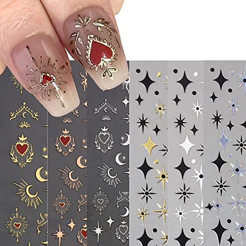 Diduikalor 6 Sheets 3D Sun Moon Star Nail Stickers Gold Bronzing Stars Sun Moon Nail Decals Star Nail Art Stickers Starlight Nail Designs Heart Stickers For Nails Self Adhesive Sticker Nails For Women Nail Supplies #TOP1