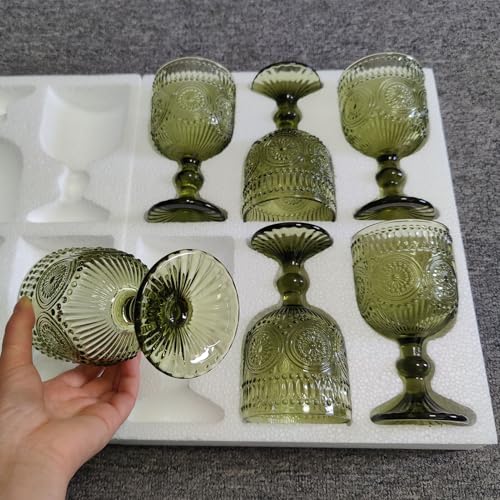 Taganov Green Wine Glasses Drinking Water Goblets set of 6 Vintage Colored Glassware 12 Ounces Sunflower Stemmed Cups for Wedding Party Bars Restaurants by Taganov - Used condition - Image 7