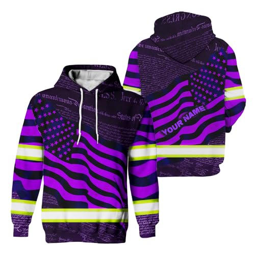 HiVis Custom Hi Vis Violet Neon Independence USA Flag Custom Name High Visibility Hoodie For Men, Construction Workwear For Workers, Truckers, Operators, Patriotic-5XL