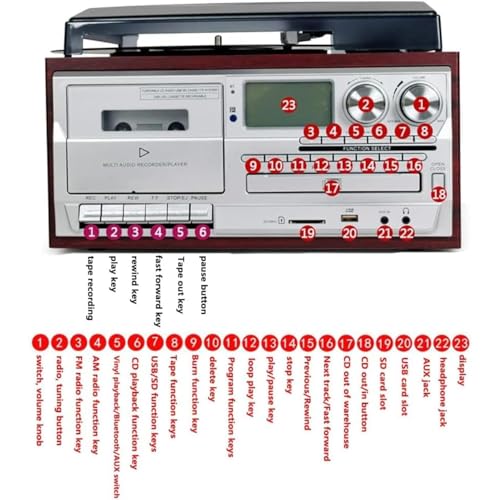 Lecteur cassette Bluetooth - Tourne-disque rétro et platine vinyle avec télécommande et haut-parleurs intégrés pour divertissement à domicile et bureau