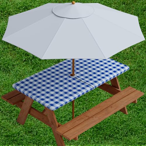 sorfey vinyl umbrella rectangle fitted tablecloth cover, checkered design, flannel backed lining 24x48 inch, blue