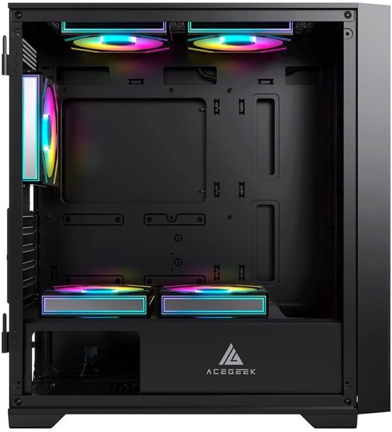 Interior view of the Acegeek Iliad Mini PC case without the side panel, showing the motherboard tray and component mounting areas.