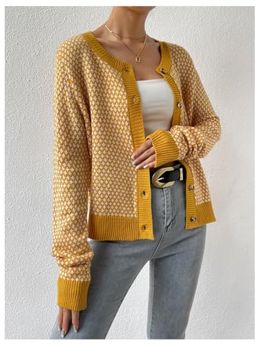 Image of GORGLITTER Women's Button Up Cropped Cardigan Checkered Colorblock Long Sleeve Lightweight Cardigan Sweaters
