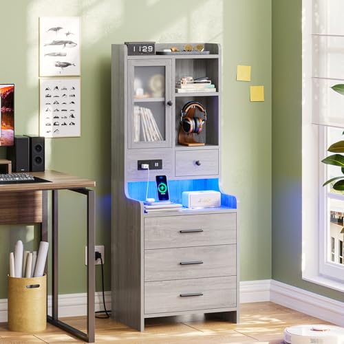 ADORNEVE Tall Night Stand with Charging Station and LED Lights,49.2\" Nightstand with Bookshelf,Adjustable Shelf with Glass Door, Grey Bedside Table with Drawers,End Side Table for Bedrooms - Thumbnail 2
