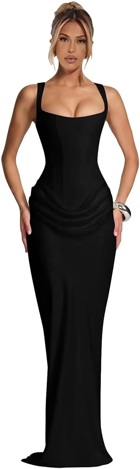 SoDigne Women's Pleated Satin Long Prom Dresses Mermaid Corset Sexy Wide Straps Cocktail Party Dress