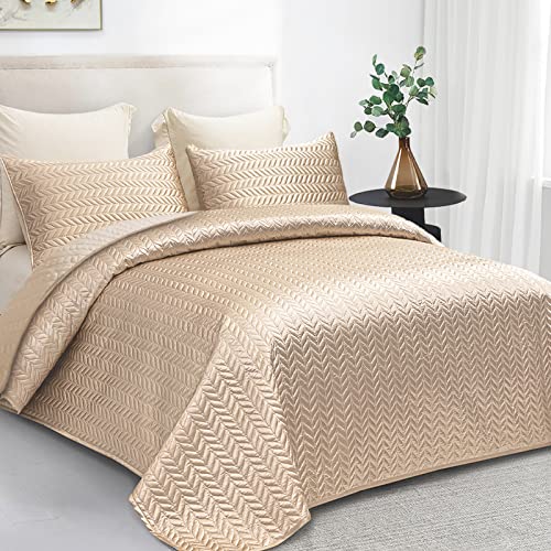 Whale Flotilla 3-Piece Silk Satin Quilt Set Queen Size, Reversible Lightweight Coverlet Bedspreads Bedding Set With Pillow Shams, Champagne #TOP1