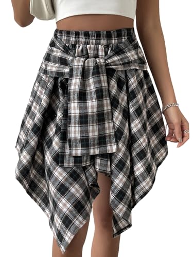EARKOHA 2025 Skirts for Women Plaid Print Knot Front Asymmetrical Hem Skirt Dark Grey XL