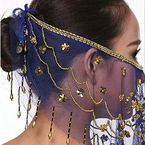 Belly dance half face veil costume with gold beaded clover for women girls Arabian Egyptian dancing (Blue)(Size: One Size) - Image 4