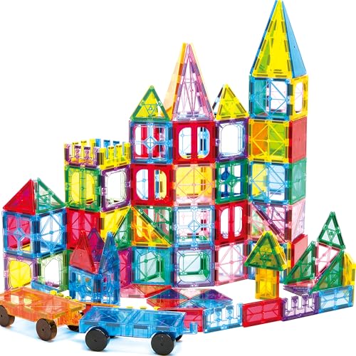 Image of Ryoichi 138PCS Magnetic Building Tiles Set with 2 Cars, STEM Educational Construction Blocks & Montessori Learning Toys for Kids Ages 3-9+ Years