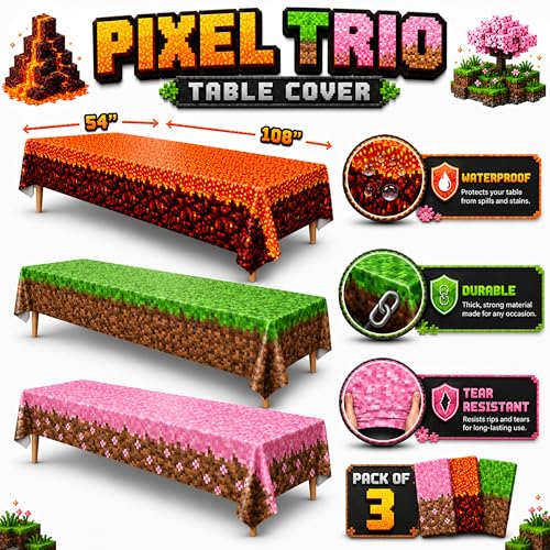 Image of Blue Orchards Pixel Trio Table Covers (Pack of 3) - XL 54 inchx108 inch - Immersive Biomes Birthday Party Decorations, Gamer Party Tablecloth, Pixel Themed Decor, Plastic Table Cover, Event Decoration