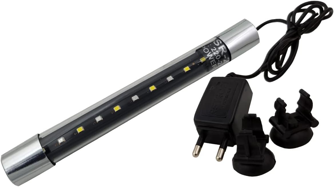 VENUS AQUA Fully Submersible LED Aquarium Light with Adjustable Suction Cups – 2W, 220-240V, Multi-Color (Blue, White, Red) – Model SR-200, 6.5