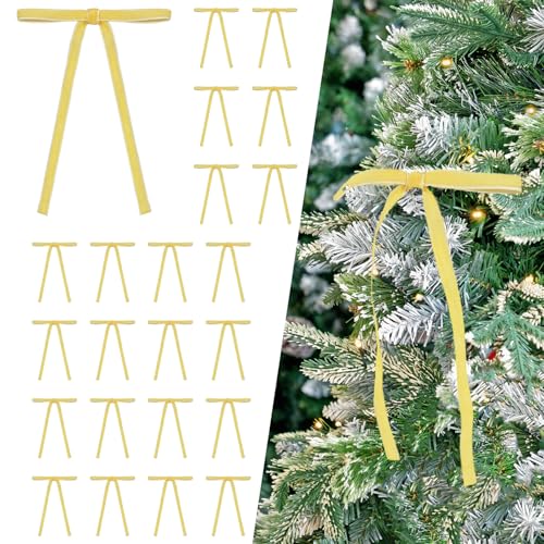 Image of Set of 24 Yellow Velvet Bows Ornaments for Christmas Tree, Vintage Rustic Elegant Velvet Bows Decor, Xmas Home Decoration for Wreath Mantle Gift Wrap Holiday Decor, 3 /8'' Wide, 5 * 7 inch