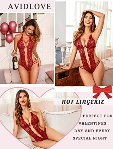 Avidlove Lingerie For Women Deep V Halter Lace Bodysuit Mini Babydoll Sleepwear Wine Red Medium #TOP1