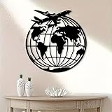 Moderne minimalistische Wanddekoration aus Metall mit Luftfahrtmotiv, Globus- und Breitengradangaben – Schwarzes Eisenflugzeug für Wohnzimmer, Büro, Reisethemen, Pilotenweihnachten