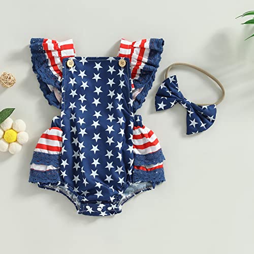 4Th Of July Baby Girl Outfits Stars Printed Romper Cute Ruffled Bodysuit 2Pcs Summer Clothes Set Blue 3-6 Months #TOP5