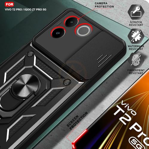 Image of Armor Bumper Back Cover Case for Vivo T2 Pro /iQOO Z7 Pro | Rotating Camera Cover, Ring Holder & Kickstand | Heavy Duty & 360 Degree Protection Vivo T2 Pro /iQOO Z7 Pro Back Cover (Black)