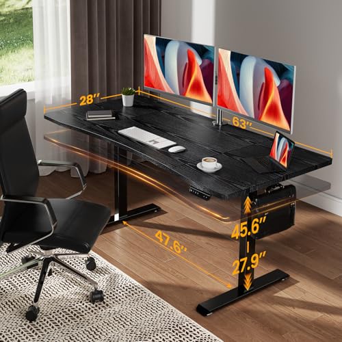 Image of Veken 63 x 28 Inch Electric Standing Desk, Sit to Stand Up, Work Home Office Computer Table for Study, Walking Pad, Writing, and Games, Wooden Desktop Desks, Black