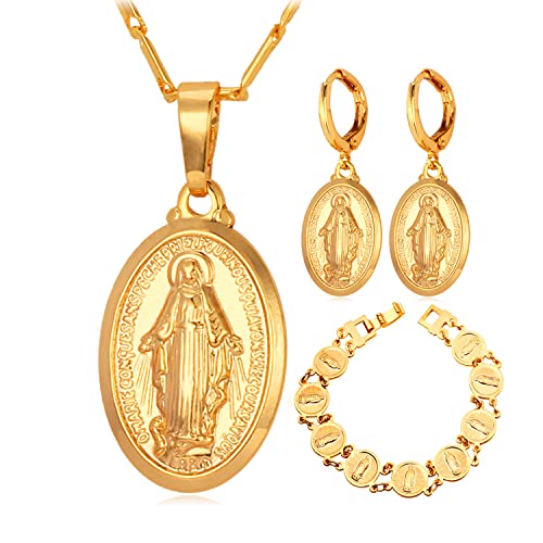 U7 Wedding Jewelry Set 18K Gold Plated Religious Link Bracelet Drop Earrings Virgin Mary Pendant Necklace for Women