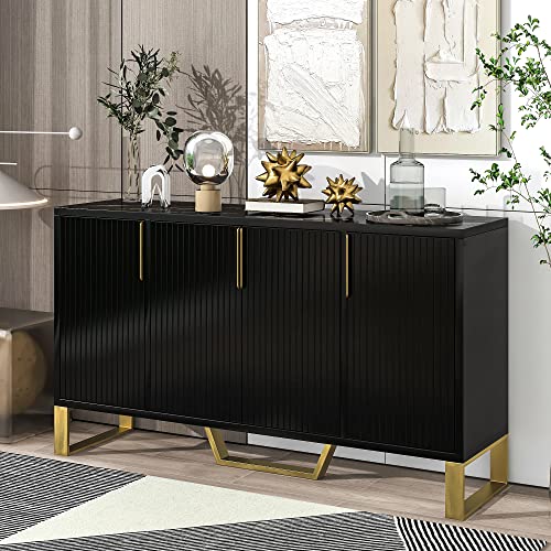 Modern Luxury Buffet Sideboard Storage Cabinet With Gold Metal Legs & Handles,4 Door Cupboard Kitchen Sideboard With Adjustable Shelves,Living Room Dining Room Entyway Console Table (Black, 4 Door) #TOP23