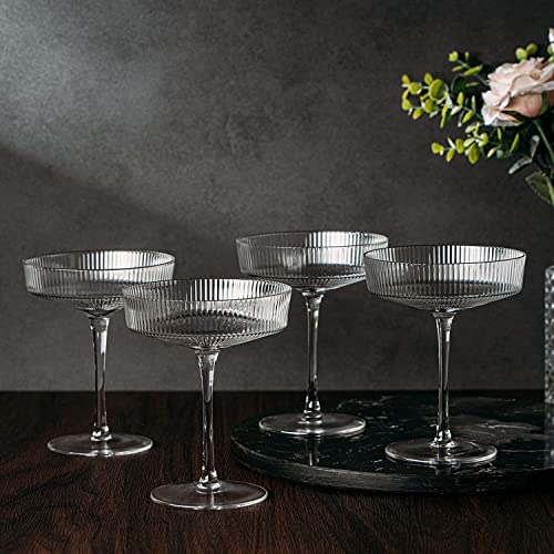 Vintage Art Deco Coupe Glasses Ribbed Coupe Cocktail Glasses 7 Oz | Set Of 4 | Crystal Cocktail Glassware For Champagne Classic Manhattan Goblet For Cocktails , Ripple Coupe Glassware - Gift Box #TOP5