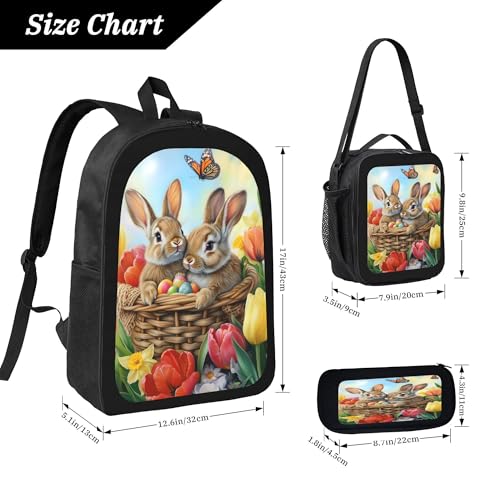 3PCS Backpack for Women Men With Lunch Box Pencil Bag 17 Inch Lightweight Adjustable Strap Back Pack 3 In 1 Set Animal Rabbit Flower Casual Daypack Unisex Fit Travel Work Camping3