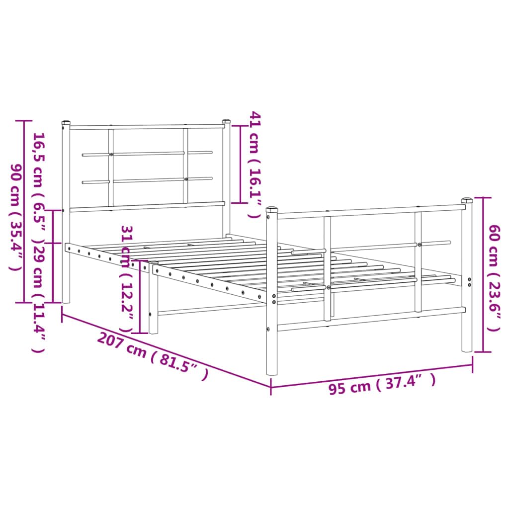 vidaXL Metalowa rama łóżka z wezgłowiem i zanóżkiem, czarna, 90x200 cm