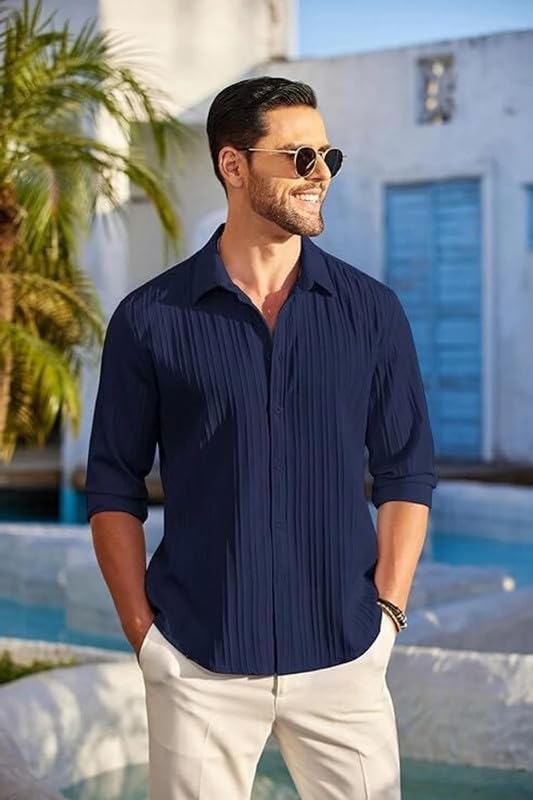 Image of DEELMO Combo of Men's Casual Button Down Shirts Long Sleeve Linen Shirt Fashion Textured Summer Shirts Pack of 2