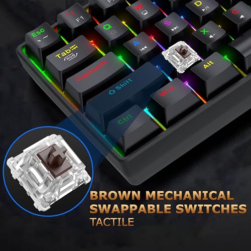 Image of Ant Esports MK1300 V2 60% Wired Mechanical Gaming Keyboard, 61-Keys Compact Mini Software Controlled, Brown Switch, RGB Backlit, Anti-Ghosting, USB-C Wired, Portable for PC /Mac Gaming & Typing - Black