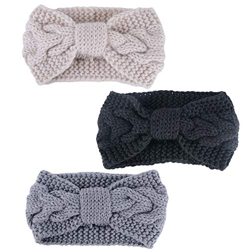3pcs Turbante Diademas Mujer Lana Banda Pelo Cabeza Anchas Elástico Invierno Primavera Otoño (3pcs, Negro+Gris+Beige)