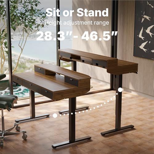 Image of HUANUO 40 X 24 inch Electric Standing Desk with 4 Drawers, Adjustable Height Sit Stand Home Office Desk, C-Clamp Mount Compatible, Ergonomic Stand up Desk with 4 Preset Heights, Walnut