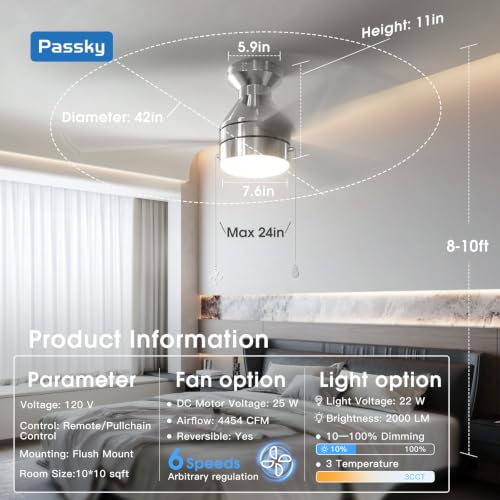 Image of Passky Ceiling Fans with Lights, 42 inch Low Profile Ceiling Fan with Pull Chain and Remote Control, Flush Mount, Reversible, 5CCT, Dimmable, Noiseless, Nickel Pull Cord Ceiling Fan for Bedroom | Flush mount, pull chain, remote, 3-color dimmable light, quiet reversible DC motor, easy install, memory, timer, bedrooms