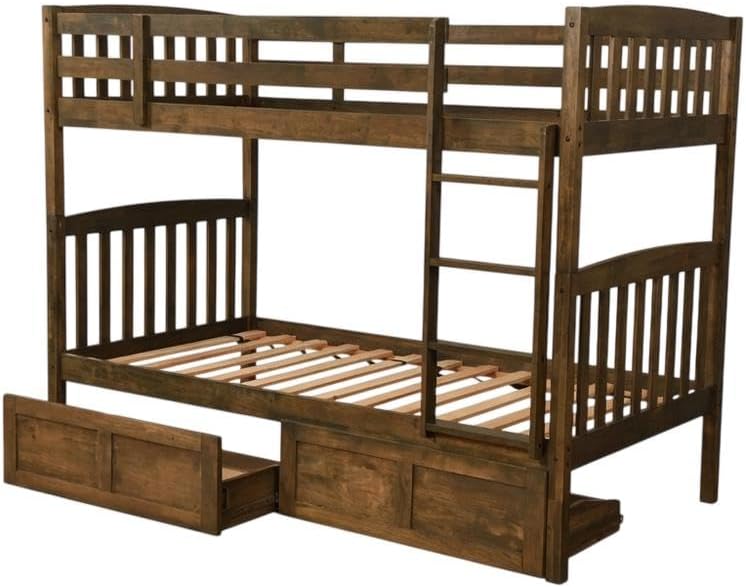 Kodiak Furniture Claire Wood Twin Over Twin Bunk Bed with Storage Drawers in Rustic Walnut Brown Finish - Mattresses Not Included