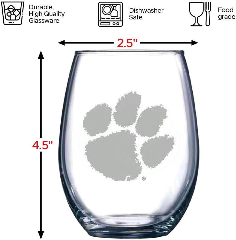 Clemson Tigers Satin Frost Stemless Wine Glass Set – Official Clear Glass with White Logo – Heavy-Duty Made in USA Drinkware – Dishwasher Safe – Set of Two, 15 oz