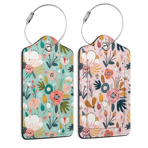 2 Pack Leather Luggage Tag for Suitcase Spring Flowers Leaves Berries Unique Travel Tags with Privacy Cover ID Label & Stainless Steel Loop for Men and Women Baggage
